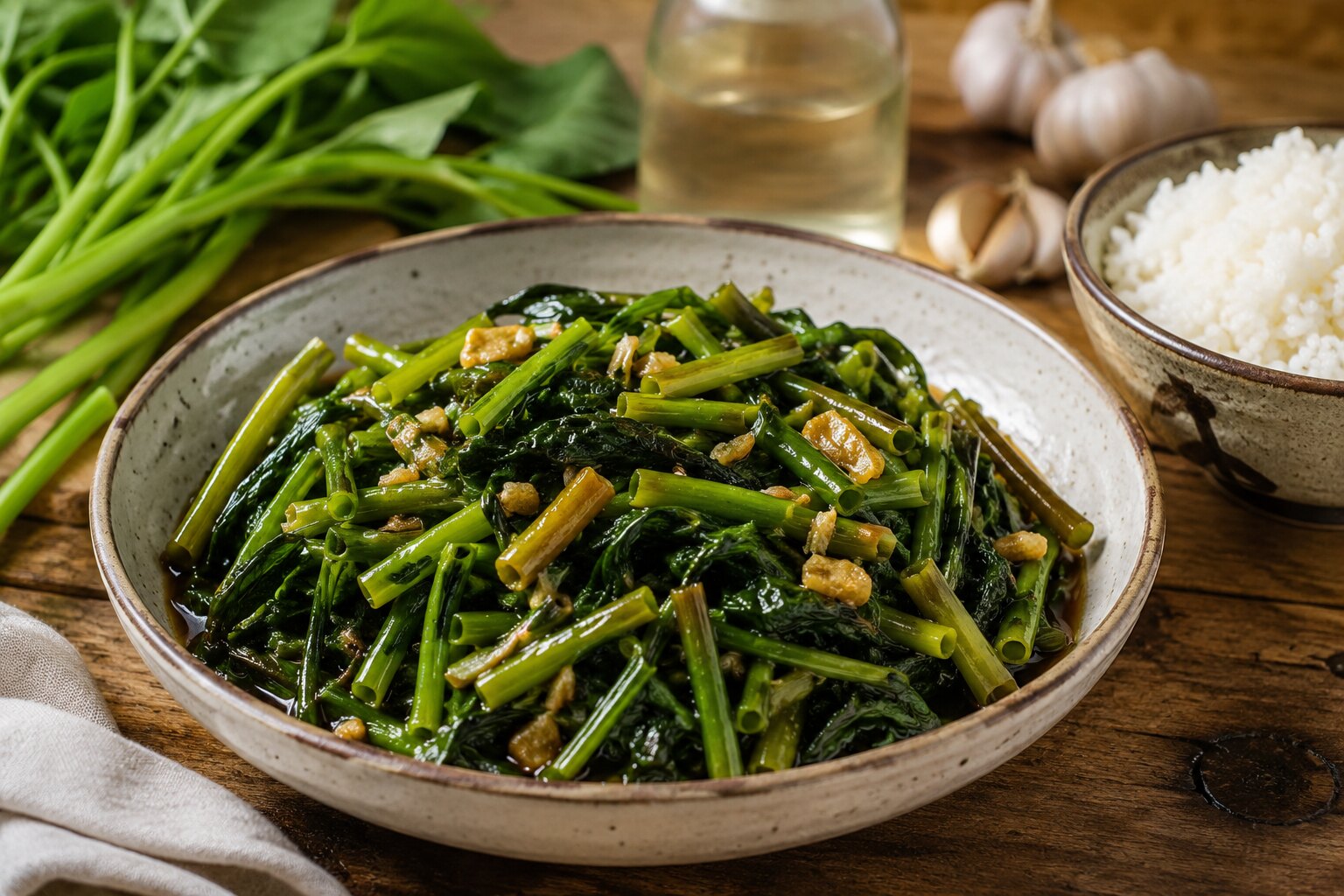 Adobong kangkong water spinach with garlic and soy-vinegar sauce served beside steamed rice