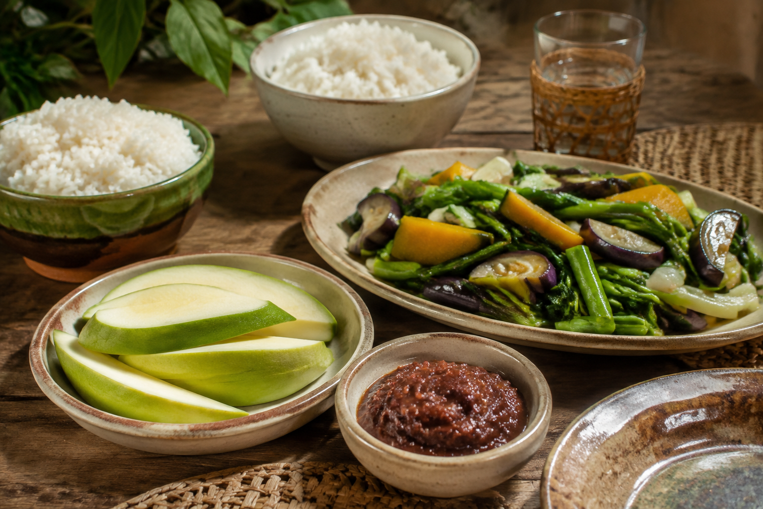 Small bowl of bagoong served beside green mango, rice and sauteed vegetables on a Filipino shared table
