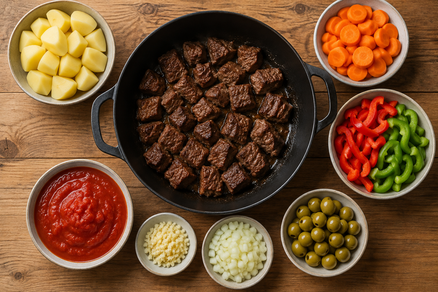 Browned beef for caldereta with prepared potatoes, carrots, capsicum, olives, tomato, garlic and onion