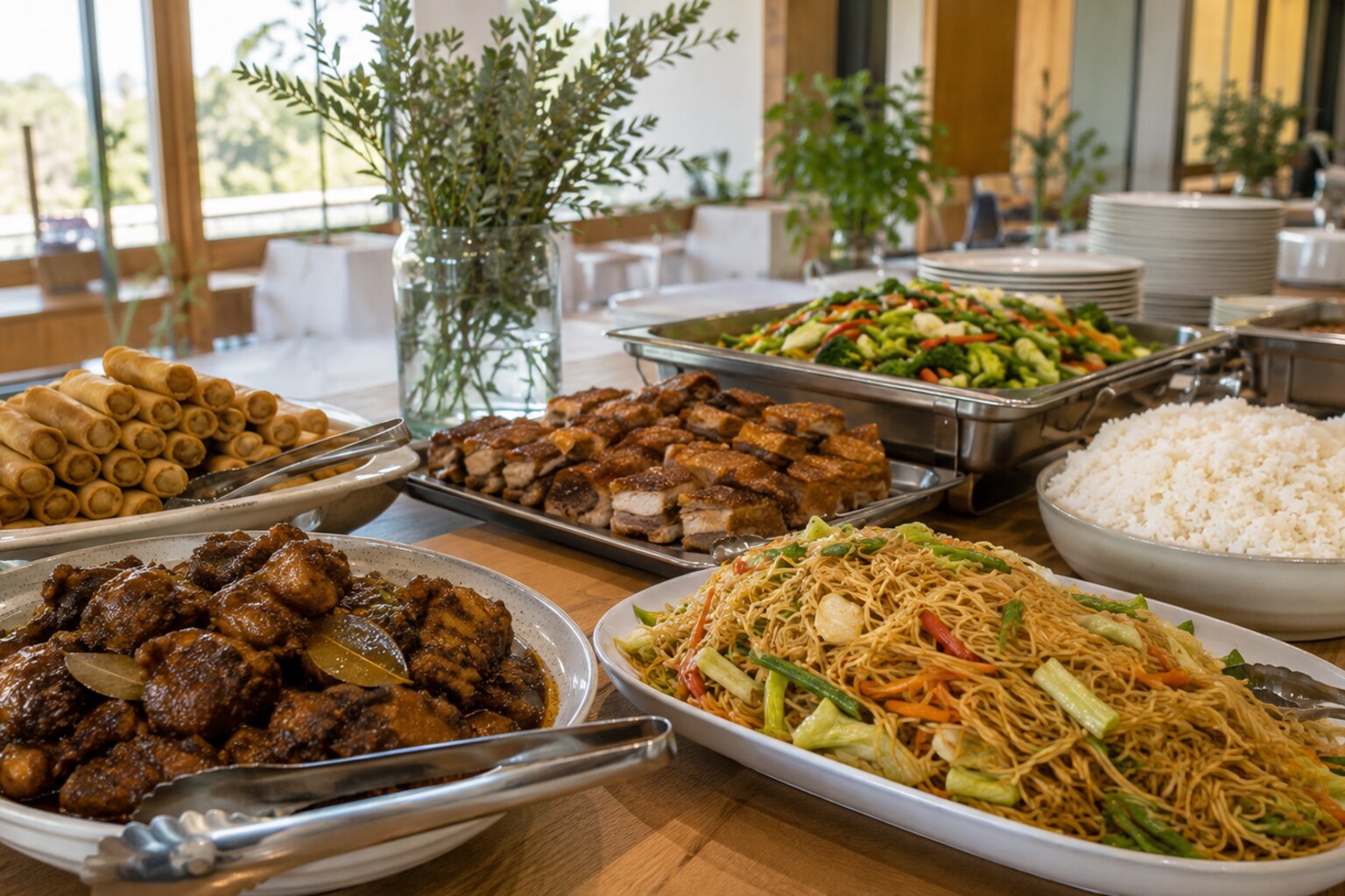 Filipino catering buffet in Bunbury with adobo, pancit, lumpia, rice, grilled pork belly and vegetables