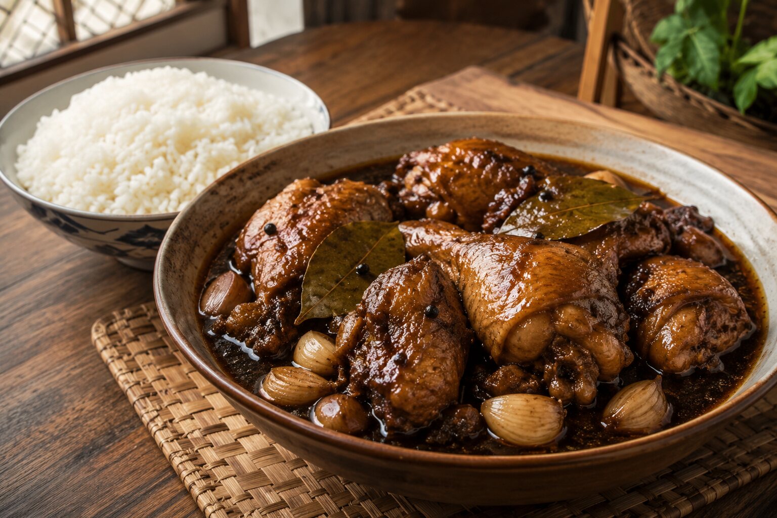 Filipino chicken adobo in a dark vinegar and soy braising sauce served beside steamed rice