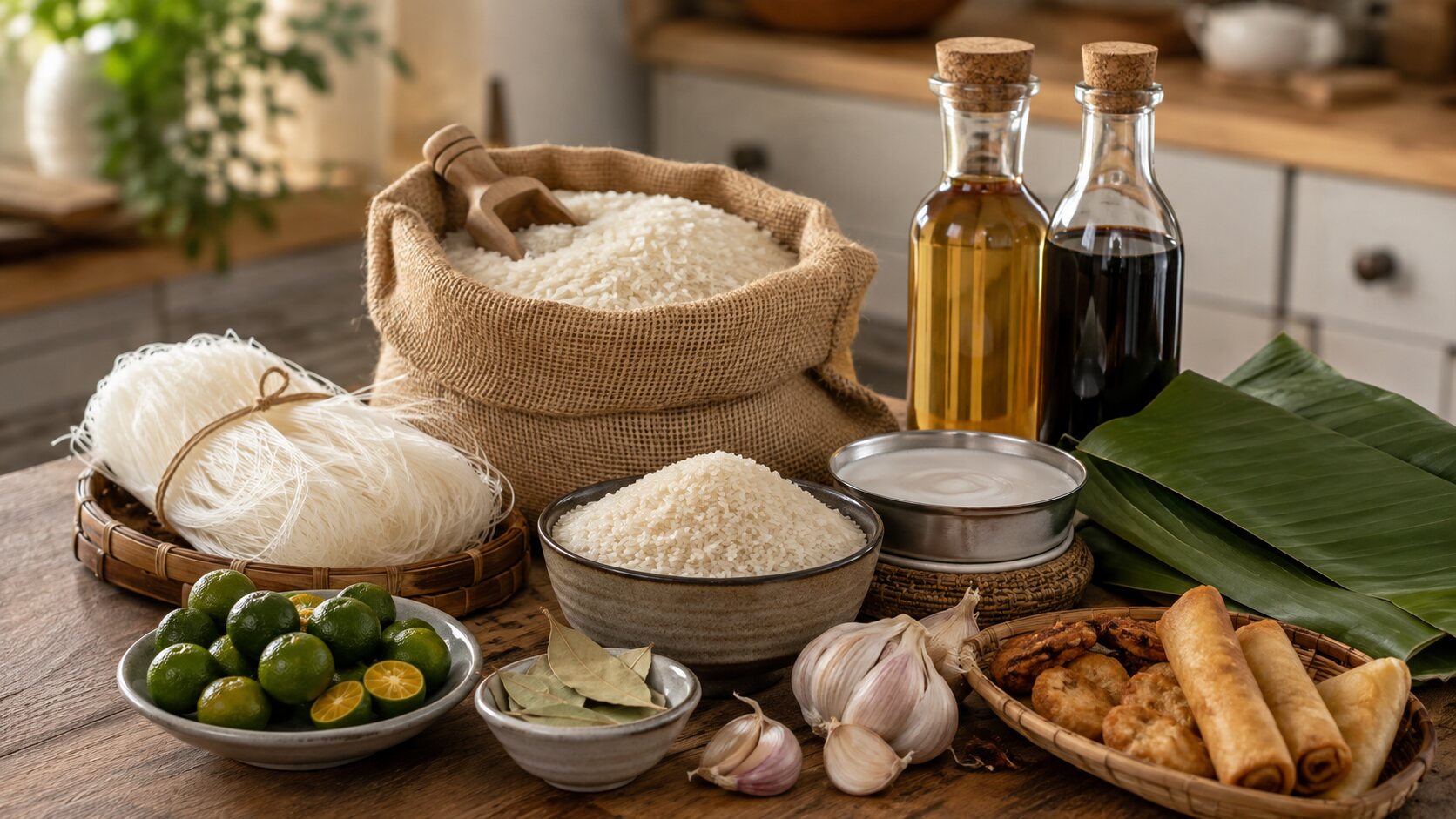 Beginner Filipino pantry ingredients including rice, noodles, vinegar, coconut milk, garlic and citrus arranged on a table