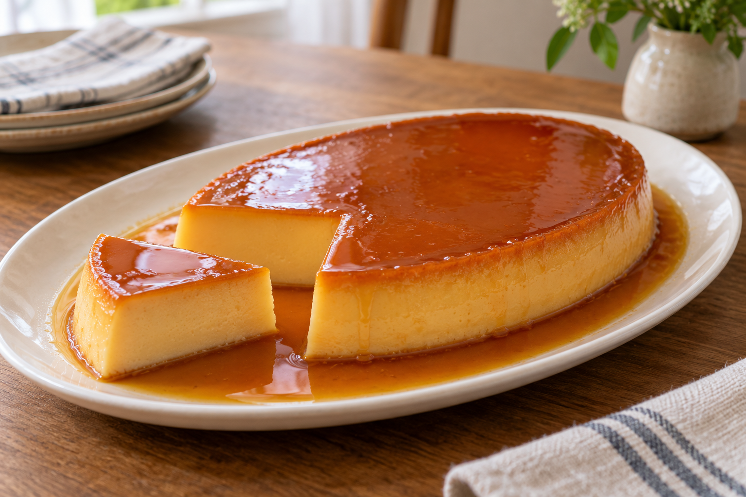 Filipino-style leche flan with glossy golden caramel and one slice revealing the smooth custard