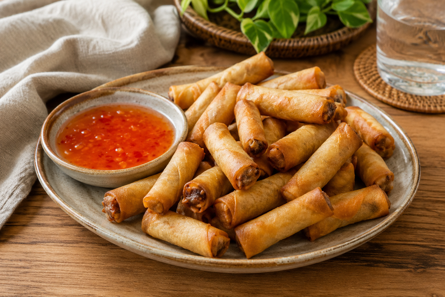 Golden Filipino lumpiang Shanghai spring rolls arranged on a platter with sweet chilli dipping sauce