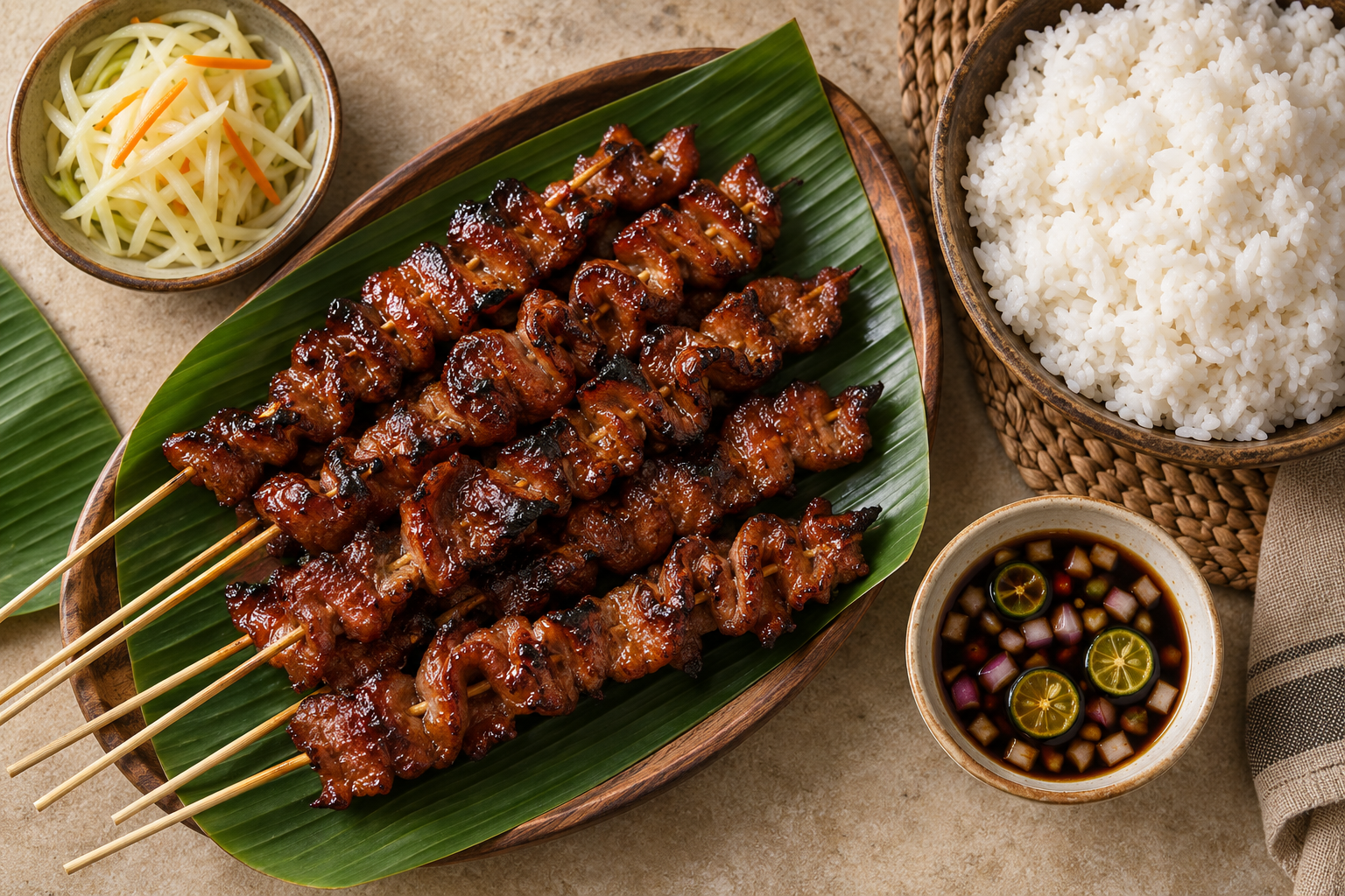 Filipino pork barbecue skewers served with steamed rice, pickled green papaya and citrus dipping sauce