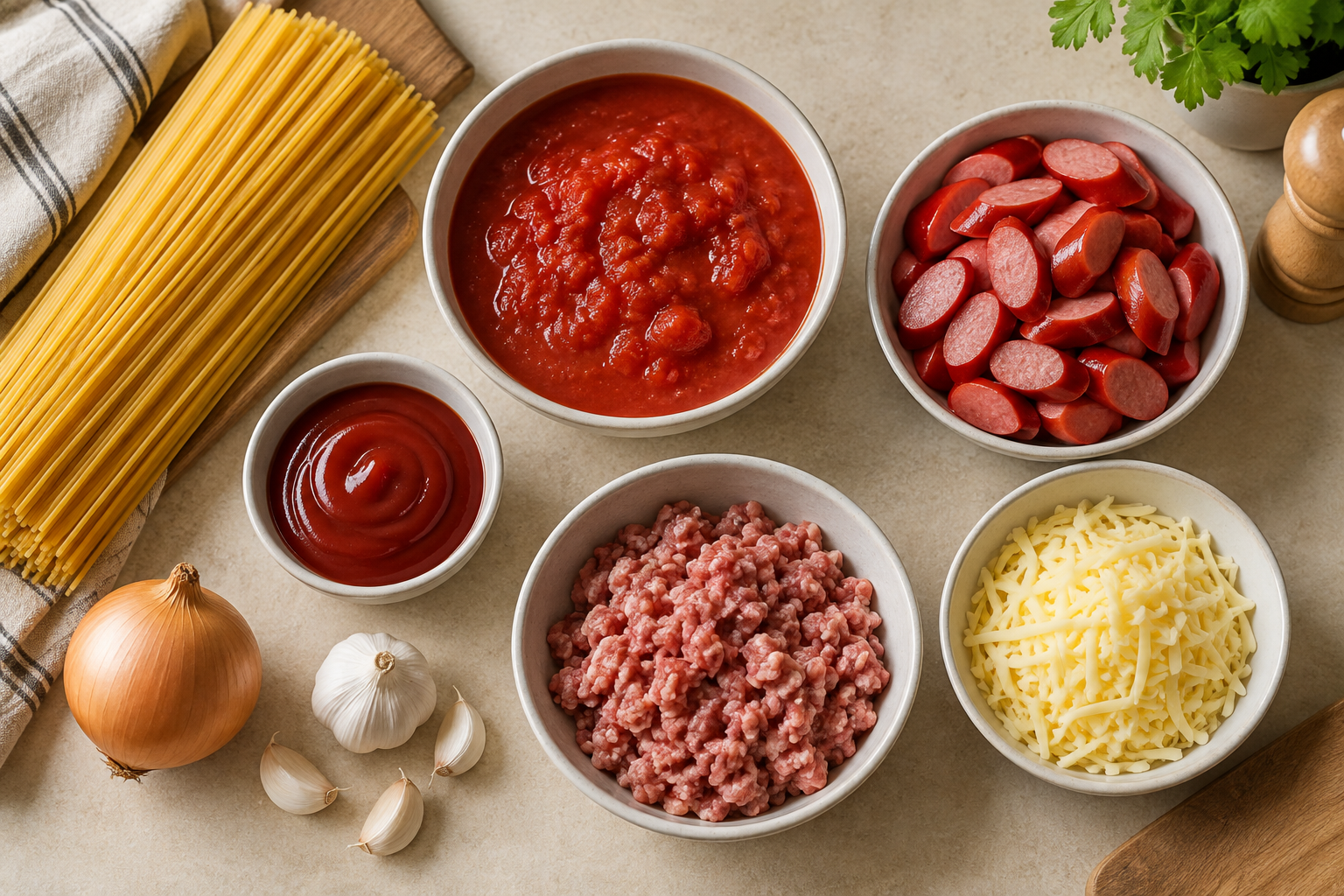 Spaghetti ingredients including pasta, tomato sauce, banana ketchup-style sauce, sliced red sausages, minced meat, cheese, onion and garlic