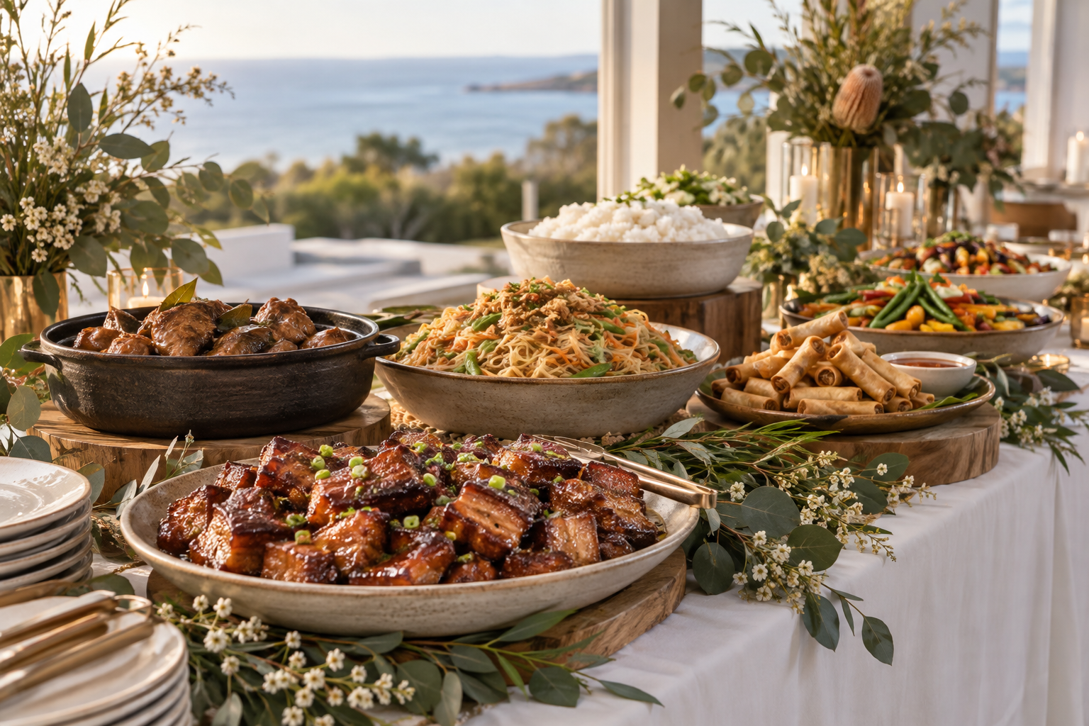 Contemporary wedding buffet with Filipino-inspired shared dishes, white linen, native greenery and subtle gold details