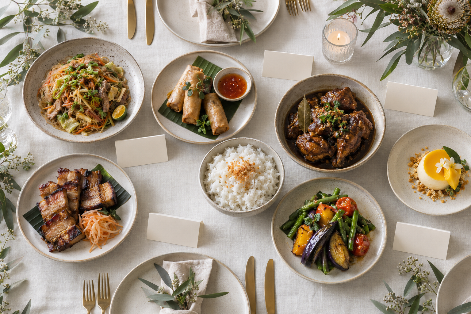 Overhead wedding menu tasting with small portions of noodles, spring rolls, glazed pork, braised chicken, rice, vegetables and dessert