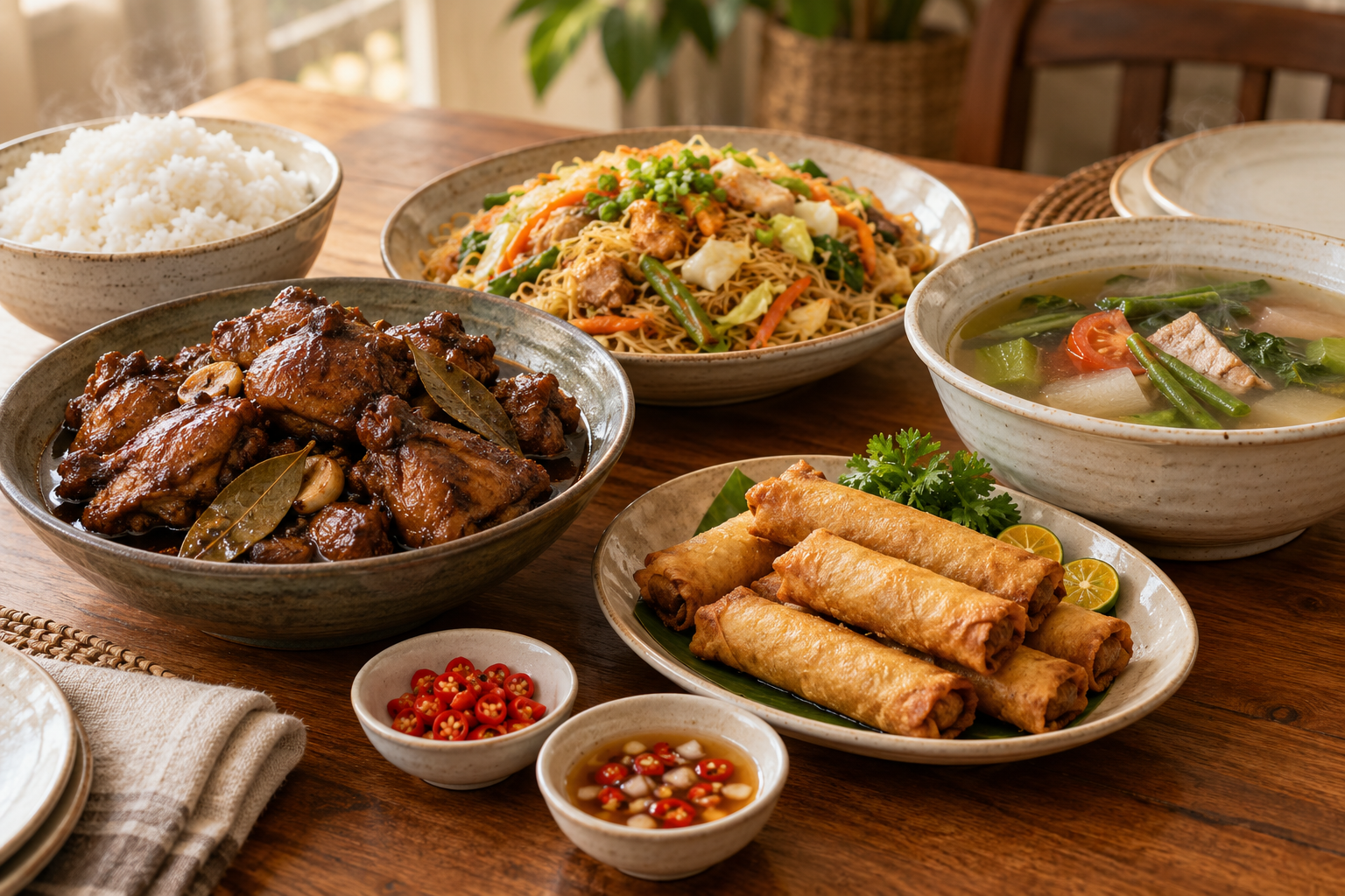 Filipino-style spread with adobo, pancit, lumpia, sour soup, rice and separate bowls of chilli and spiced vinegar