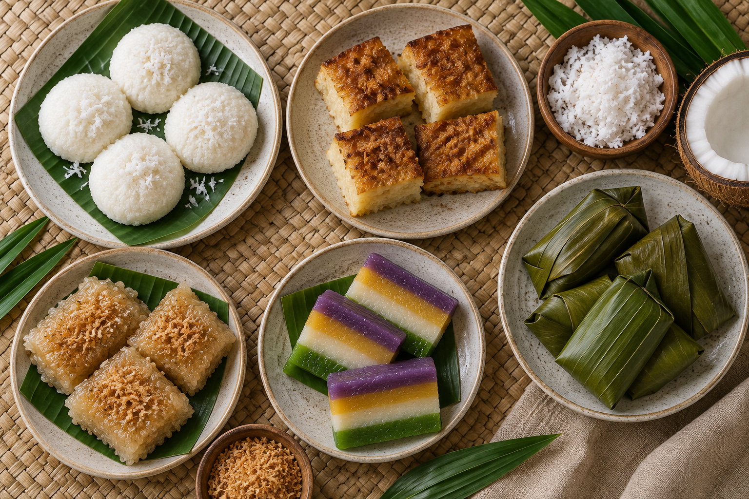 Overhead tasting selection showing steamed, baked, sticky, layered and banana-leaf-wrapped Filipino rice cakes