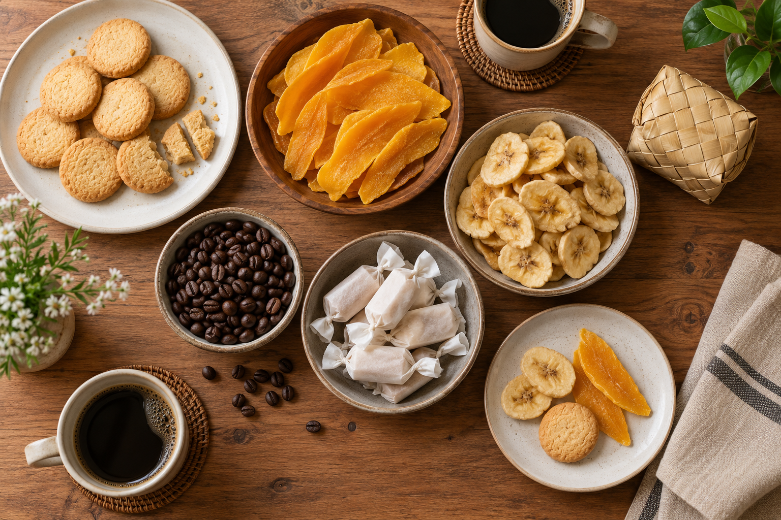 Shareable food gifts including biscuits, dried fruit, banana chips, wrapped sweets and coffee arranged on a table