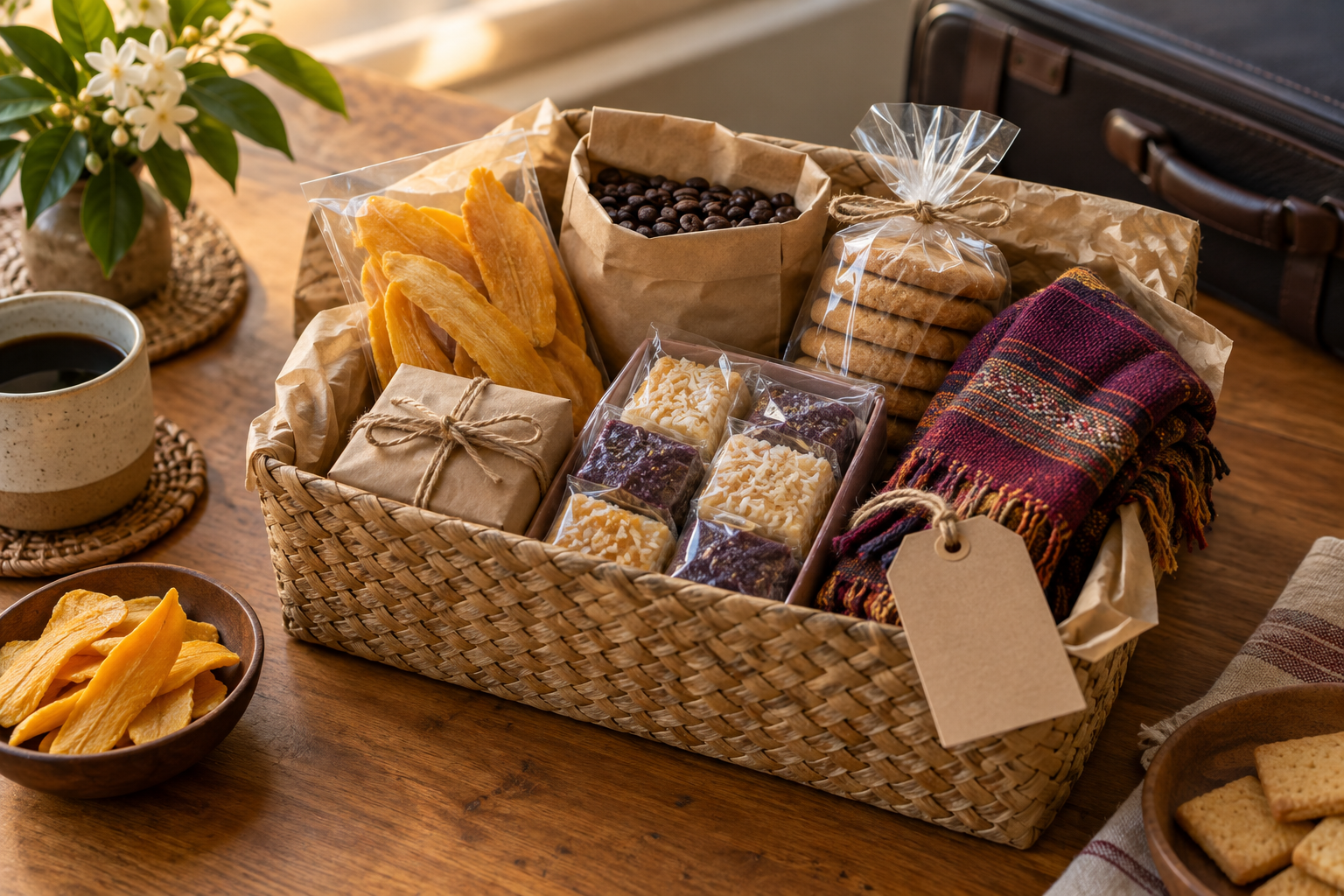 Woven homecoming gift basket with unbranded biscuits, dried tropical fruit, coffee, confectionery and a small handcrafted textile