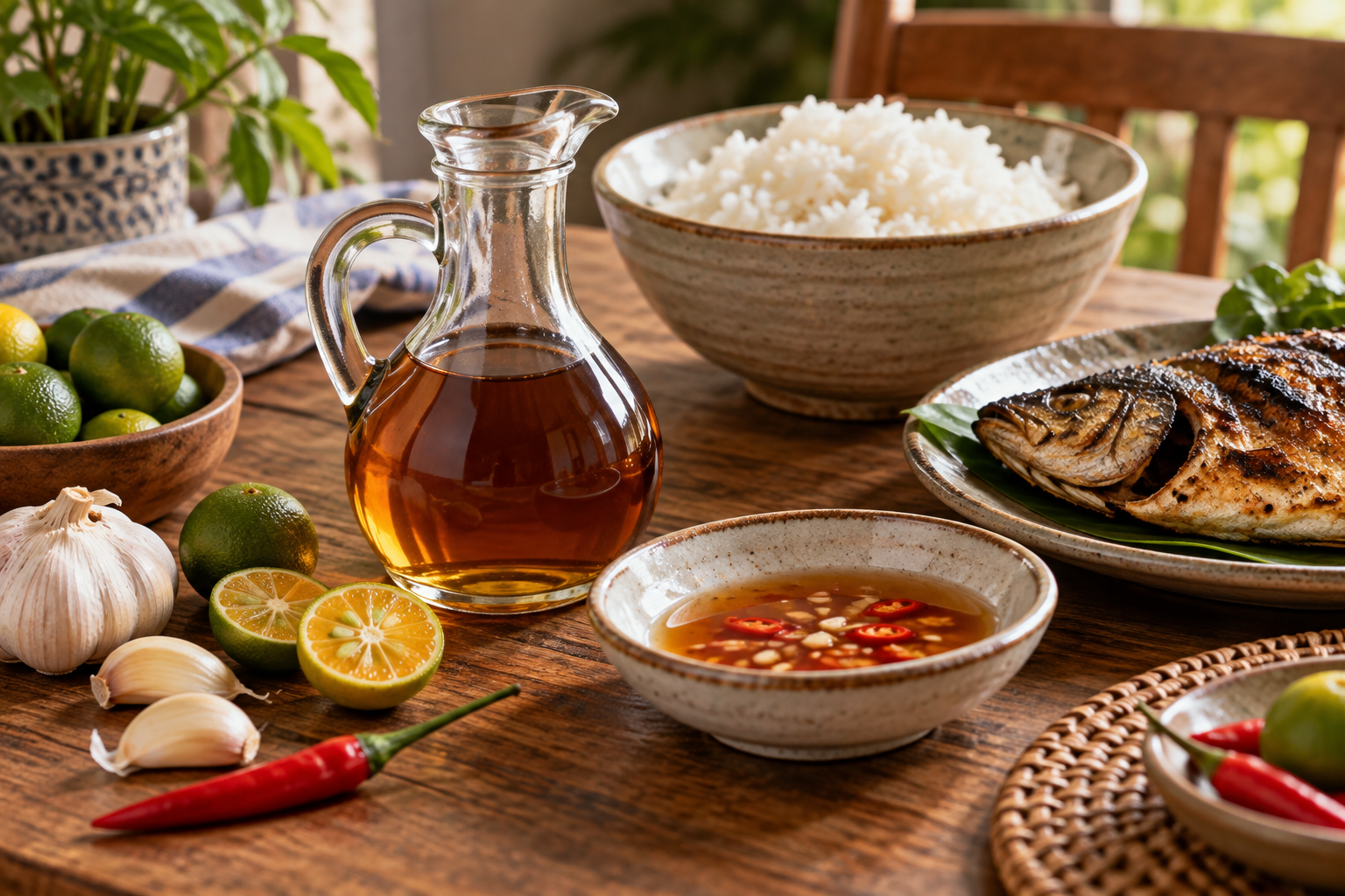 Unlabelled glass cruet and bowl of amber Filipino-style fish sauce beside calamansi, garlic, chilli, rice and grilled fish