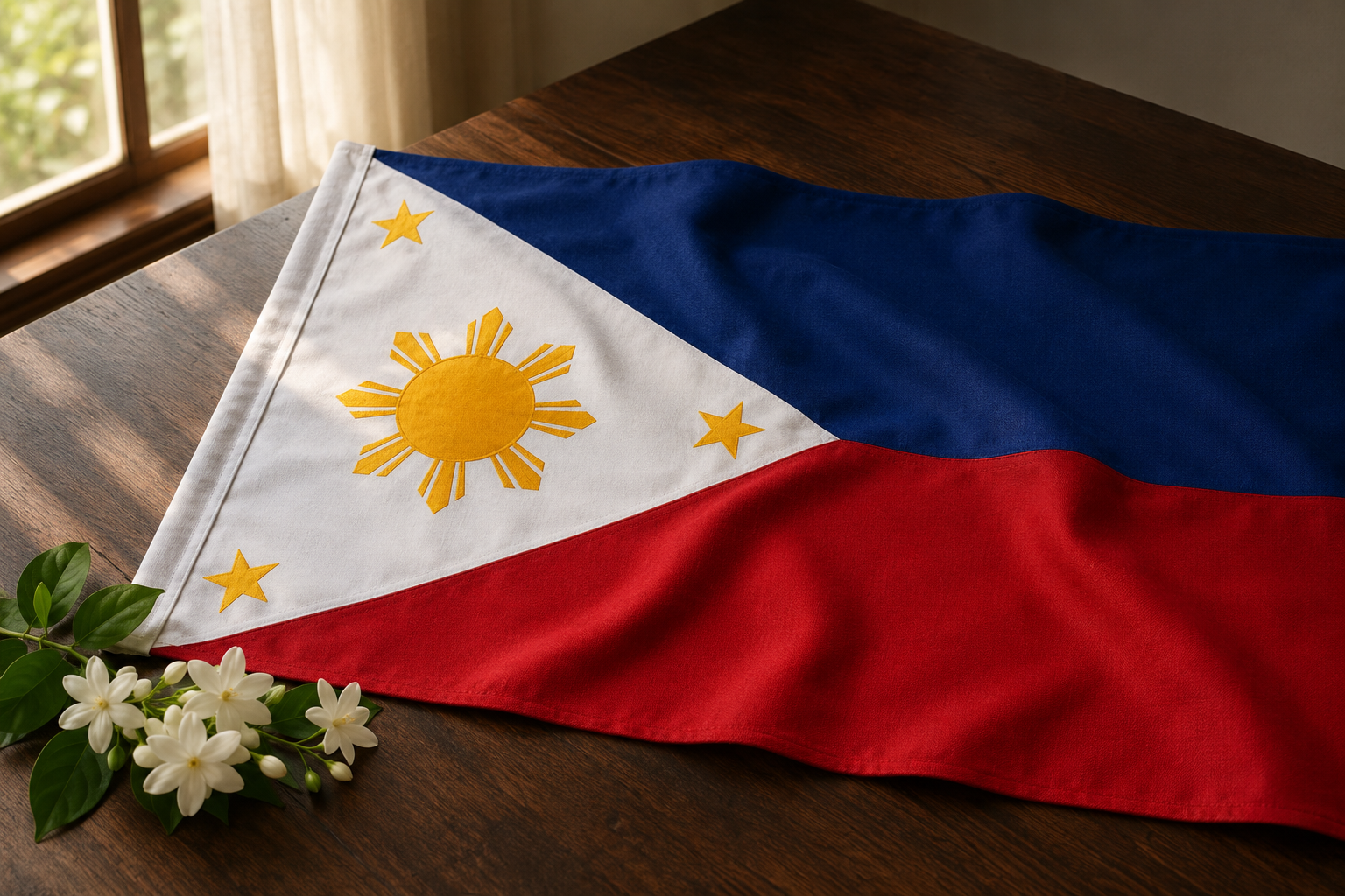 Philippine national flag arranged respectfully with white sampaguita flowers in soft morning light