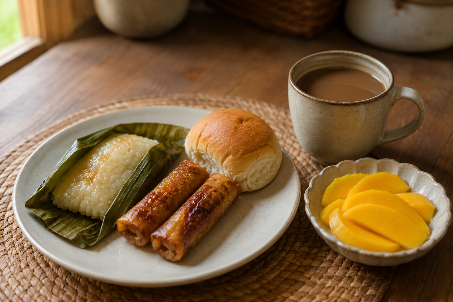 Simple Filipino merienda plate with sticky rice cake, banana rolls, bread, mango and coffee
