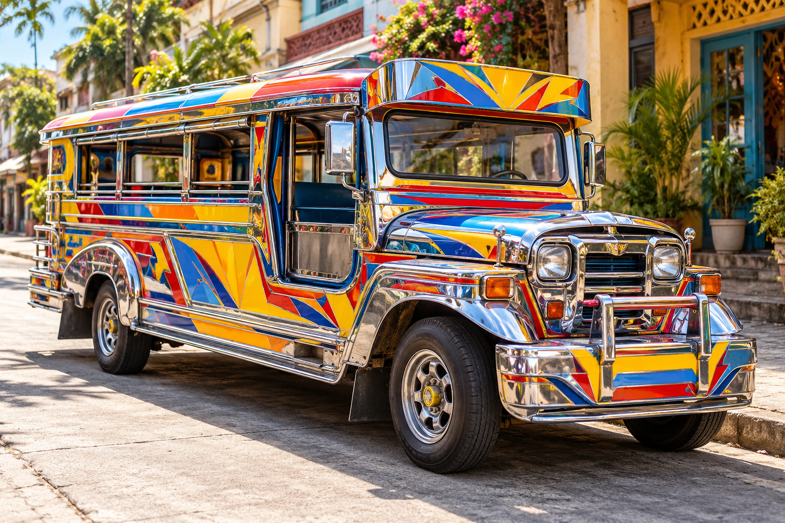 Colourful chrome Filipino jeepney with red, blue and yellow painted panels parked on a sunny street