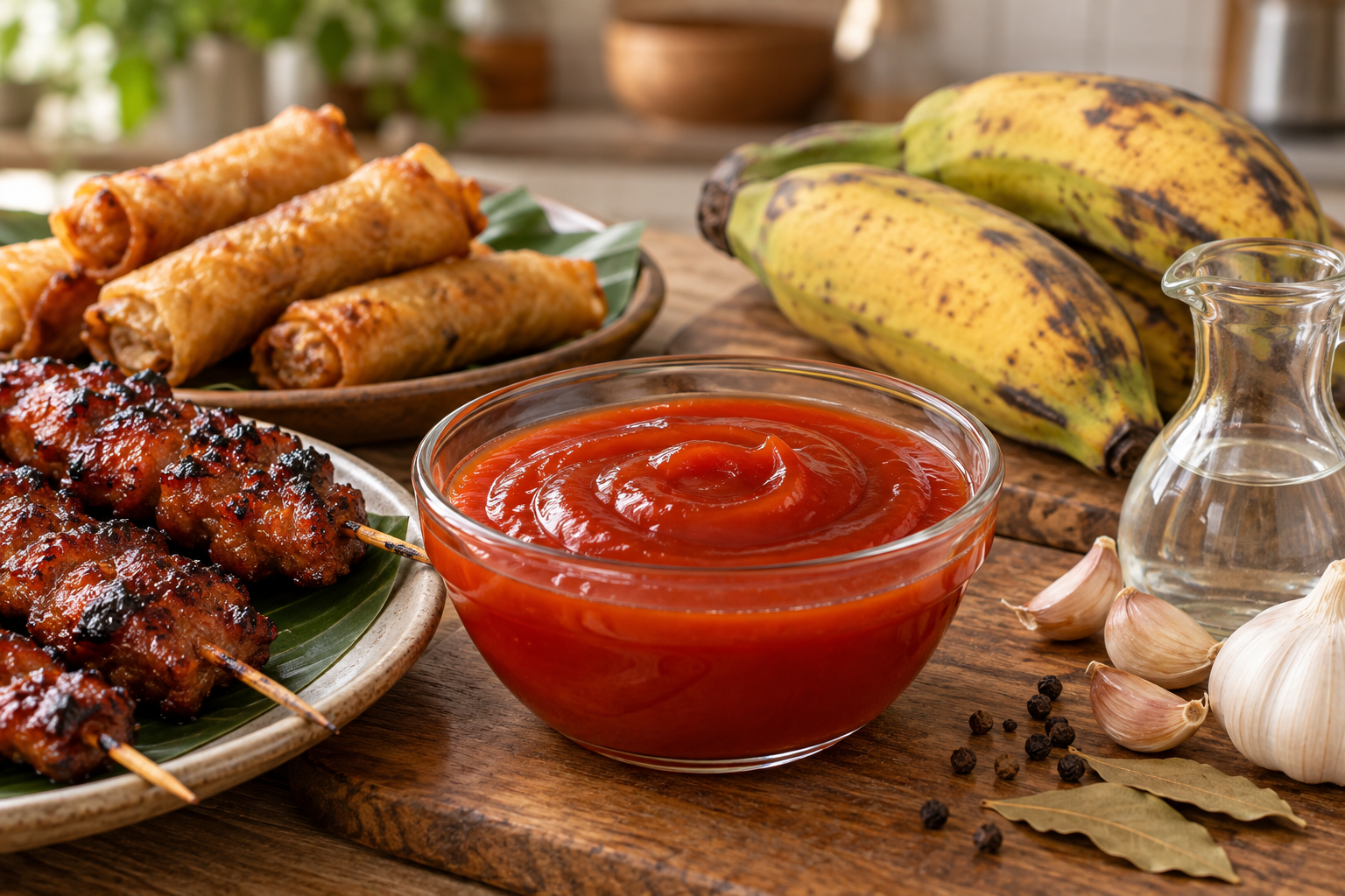 Unbranded bowl of red-orange Filipino banana ketchup with cooking bananas, garlic, spices and pork barbecue skewers