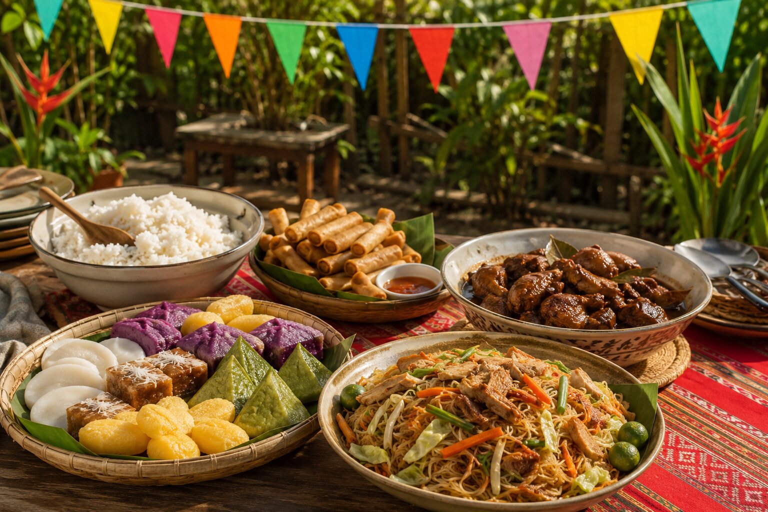 Filipino fiesta table with pancit, lumpia, chicken adobo, rice cakes and colourful banderitas