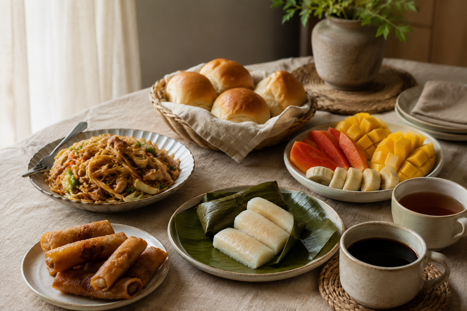 Filipino merienda spread with pancit, turon-style banana rolls, leaf-wrapped rice cakes, bread, fruit, coffee and tea