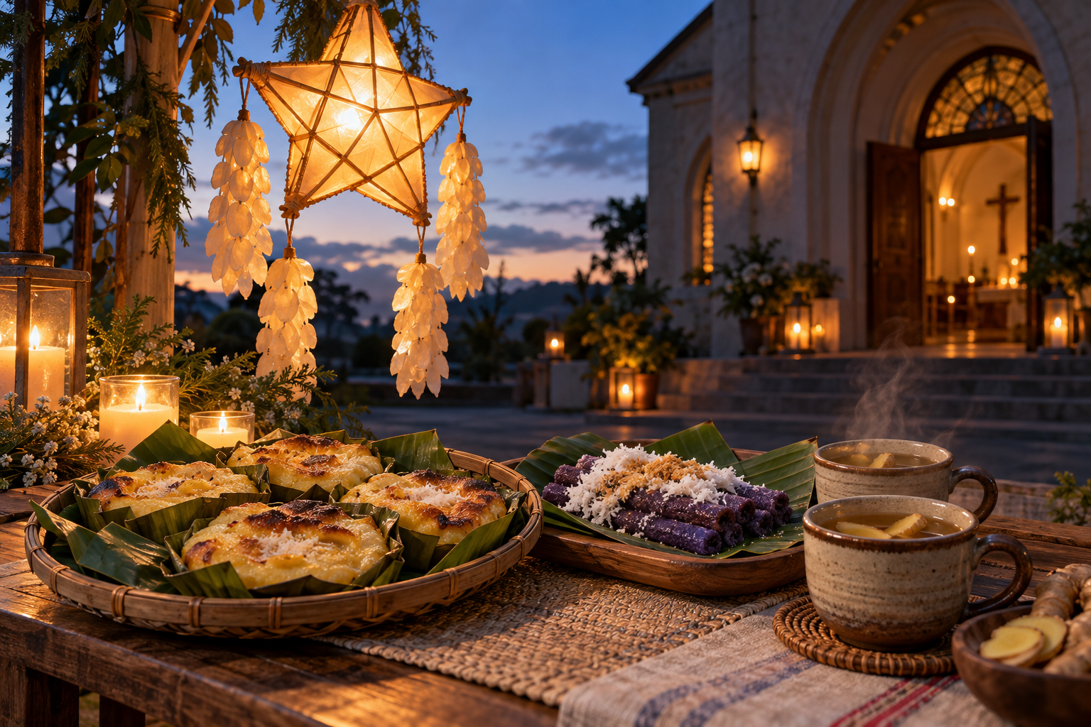 Glowing Filipino parol lantern, candles, bibingka, puto bumbong and ginger tea outside a church before dawn