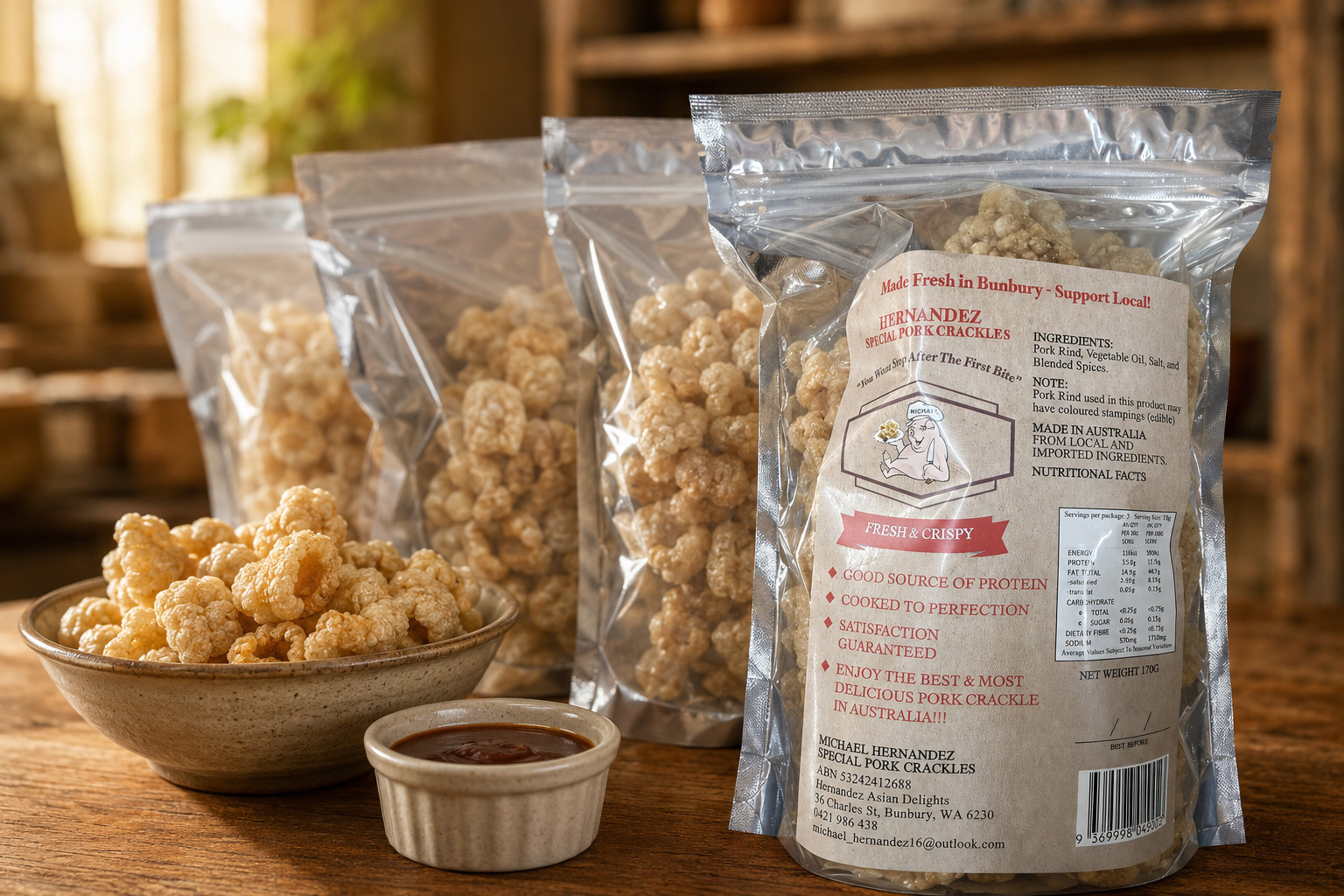 Hernandez Special Pork Crackles packages prepared in Bunbury